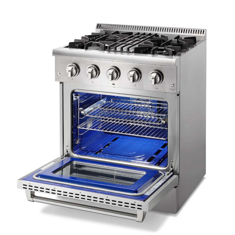 Thor Kitchen Package - 30 In. Propane Gas Burner/Electric Oven Range, Range Hood, Refrigerator, Dishwasher, Wine Cooler, AP-HRD3088ULP-17