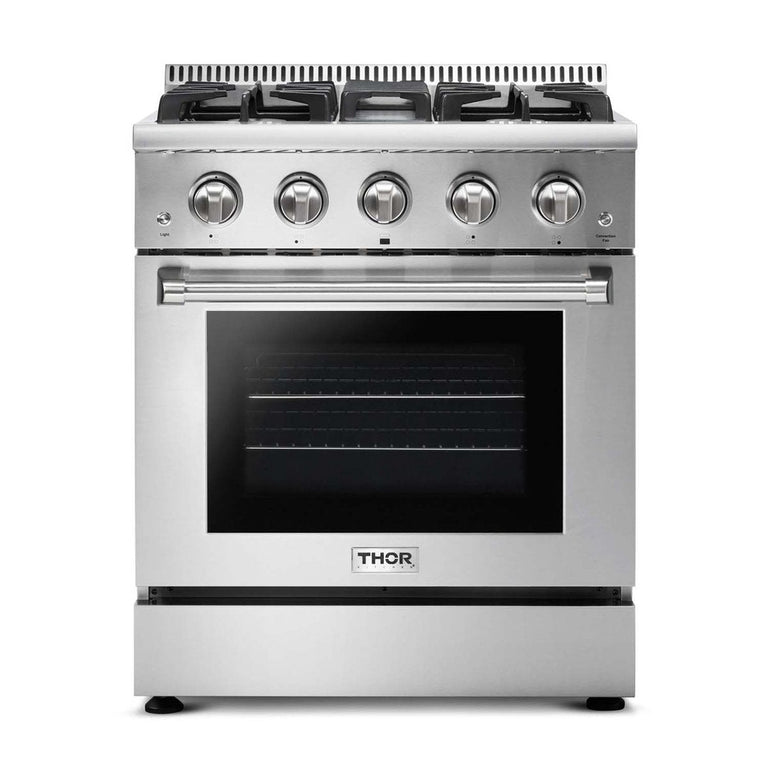 Thor Kitchen Package - 30" Gas Range, Range Hood, Microwave, Refrigerator with Water and Ice Dispenser, Dishwasher