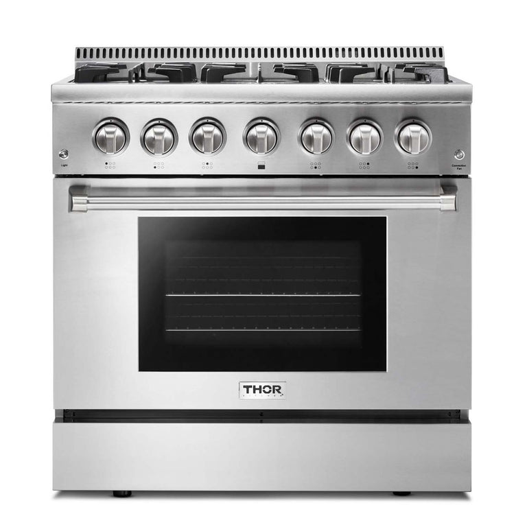 Thor Kitchen Appliance Package - 36 in. Gas Burner/Electric Oven Range, Range Hood, Refrigerator, Dishwasher, Wine Cooler, AP-HRD3606U-4