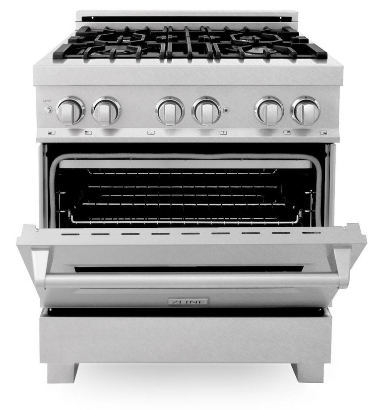 ZLINE 30 in. Kitchen Appliance Package with DuraSnow® Stainless Dual Fuel Range, Ducted Vent Range Hood and Tall Tub Dishwasher, 3KP-RASRH30-DWV
