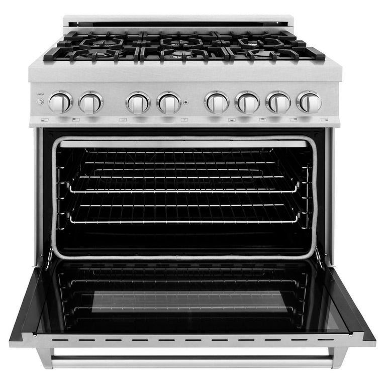 ZLINE 36 in. Kitchen Appliance Package with DuraSnow® Stainless Dual Fuel Range, Ducted Vent Range Hood and Tall Tub Dishwasher, 3KP-RASRH36-DWV