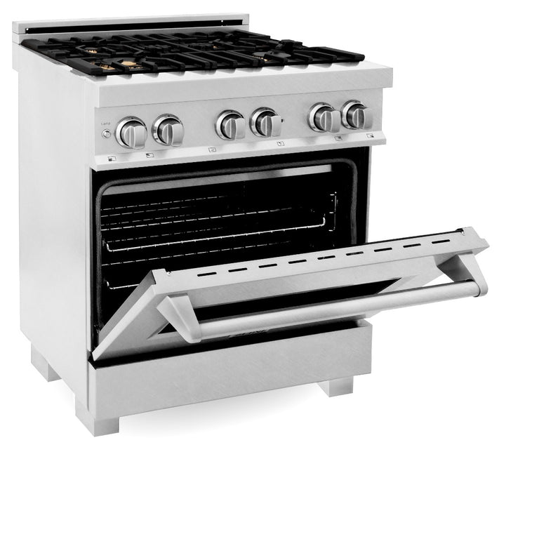 ZLINE 30 in. Professional Gas Burner/Electric Oven in DuraSnow® Stainless with Brass Burners, RAS-SN-BR-30