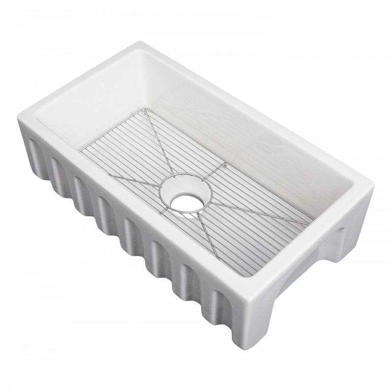 ZLINE 30 in. Venice Farmhouse Apron Front Reversible Single Bowl Fireclay Kitchen Sink with Bottom Grid in White Gloss, FRC5119-WH-30