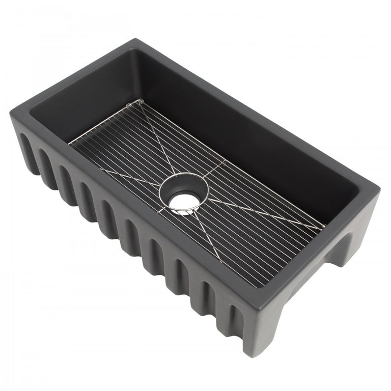 ZLINE 36 in. Venice Farmhouse Apron Front Reversible Single Bowl Fireclay Kitchen Sink with Bottom Grid in Charcoal, FRC5122-CL-36