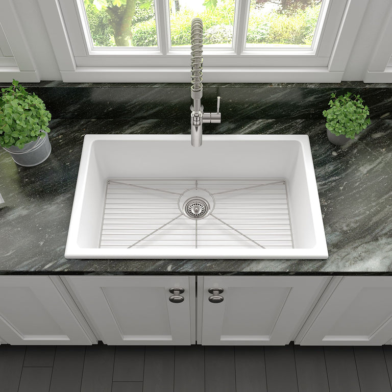 ZLINE 30 in. Rome Dual Mount Single Bowl Fireclay Kitchen Sink with Bottom Grid in White Matte, FRC5124-WM-30