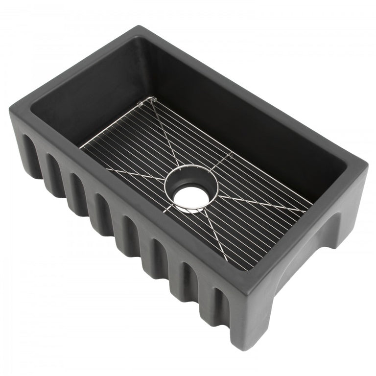 ZLINE 30 in. Venice Farmhouse Apron Front Reversible Single Bowl Fireclay Kitchen Sink with Bottom Grid in Charcoal, FRC5119-CL-30