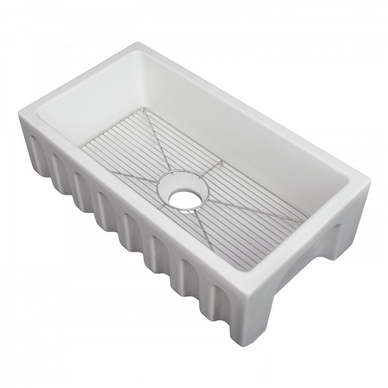 ZLINE 30 in. Venice Farmhouse Apron Front Reversible Single Bowl Fireclay Kitchen Sink with Bottom Grid in White Matte, FRC5119-WM-30