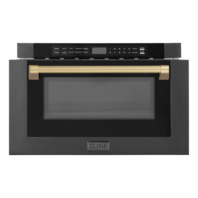 ZLINE Autograph Edition 24" 1.2 cu. ft. Built-in Microwave Drawer in Black Stainless Steel and Champagne Bronze Accents, MWDZ-1-BS-H-CB