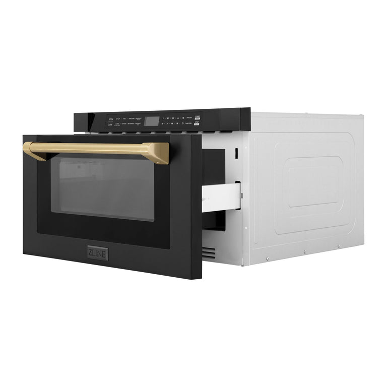 ZLINE Autograph Edition 24" 1.2 cu. ft. Built-in Microwave Drawer in Black Stainless Steel and Champagne Bronze Accents, MWDZ-1-BS-H-CB