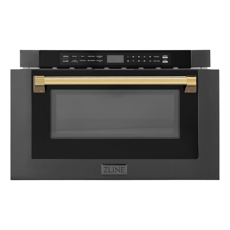 ZLINE Autograph Edition 24" 1.2 cu. ft. Built-in Microwave Drawer in Black Stainless Steel and Gold Accents, MWDZ-1-BS-H-G