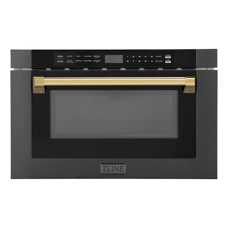 ZLINE Autograph Edition 24" 1.2 cu. ft. Built-in Microwave Drawer in Black Stainless Steel and Gold Accents, MWDZ-1-BS-H-G