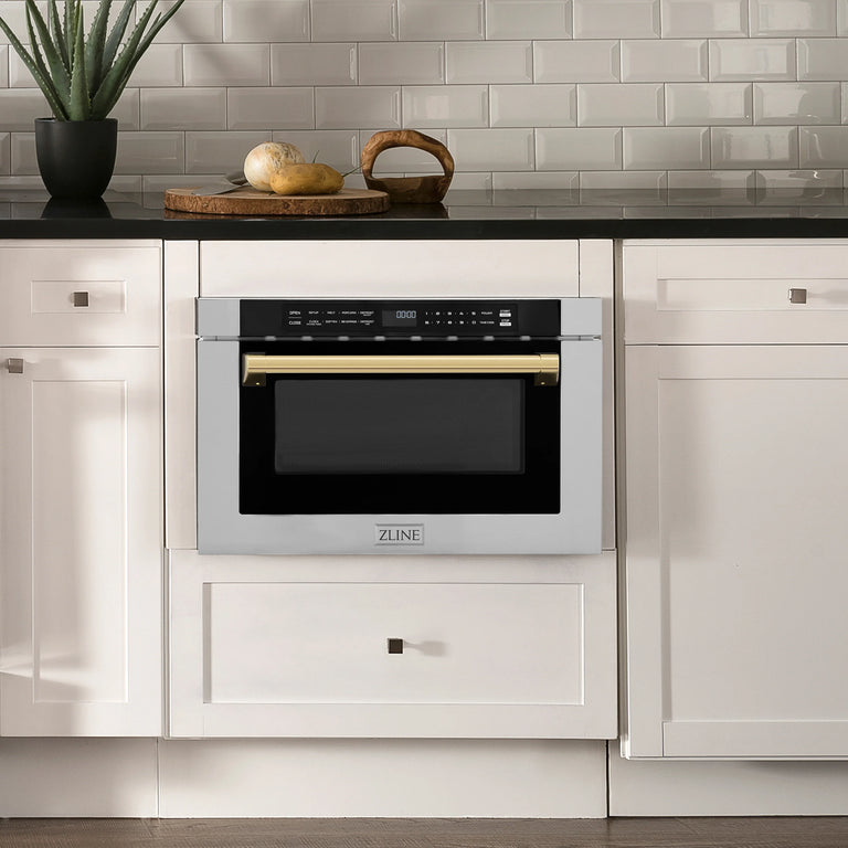 ZLINE Autograph Edition 24" 1.2 cu. ft. Built-in Microwave Drawer with a Traditional Handle in Stainless Steel and Gold Accents, MWDZ-1-H-G