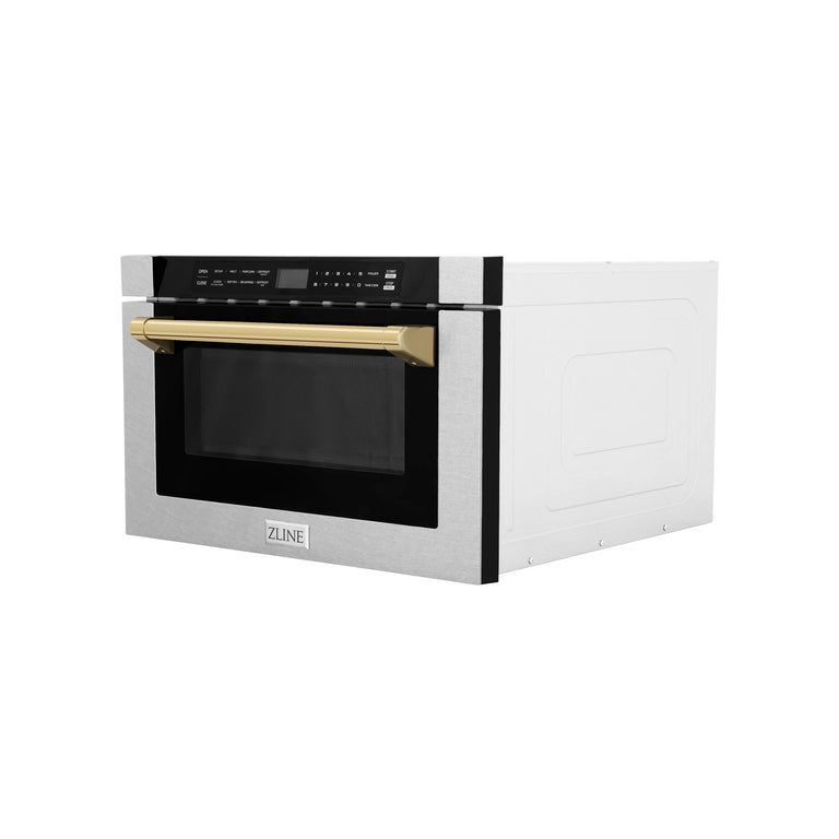 ZLINE 24 In. 1.2 cu. ft. Built-in Microwave Drawer with a Traditional Handle in Fingerprint Resistant Stainless Steel and Gold Accents, MWDZ-1-SS-H-G