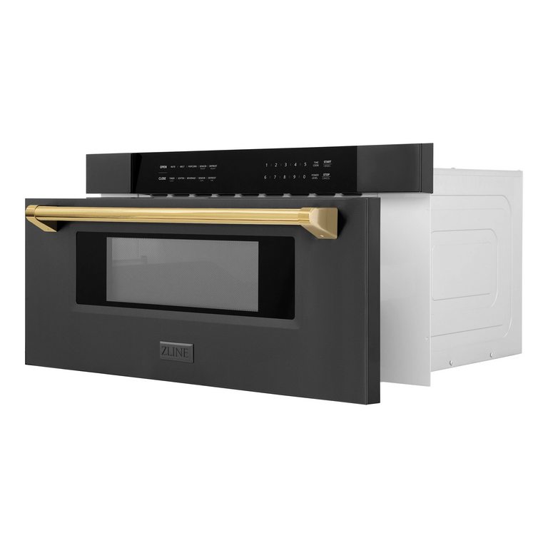 ZLINE Autograph 30 In. 1.2 cu. ft. Built-In Microwave Drawer In Black Stainless Steel with Gold Accents, MWDZ-30-BS-G