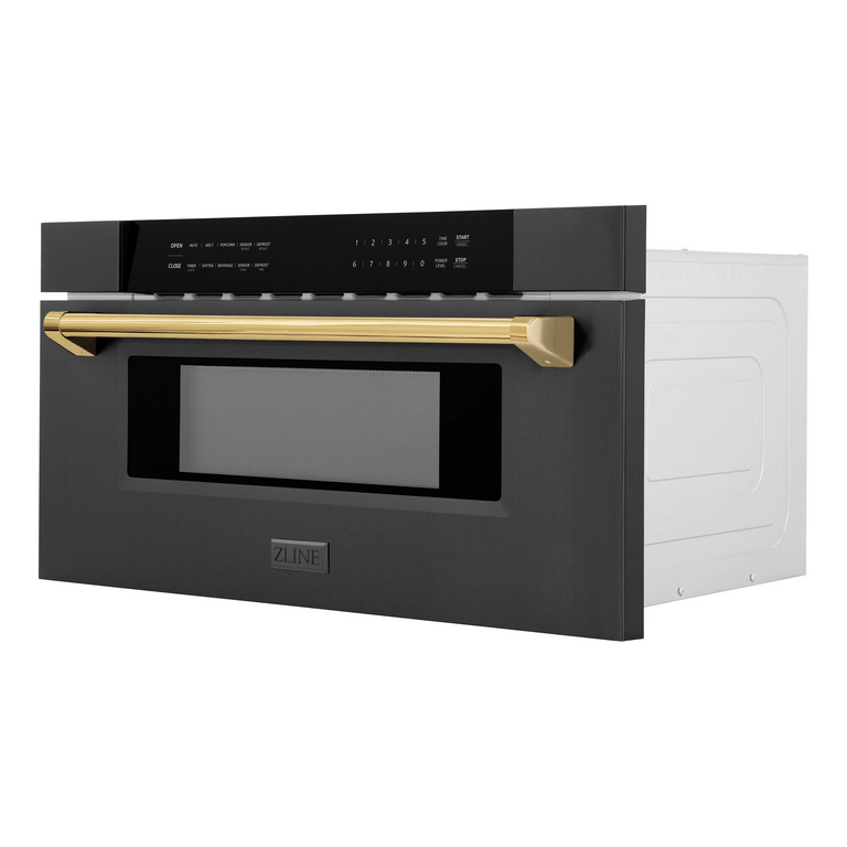 ZLINE Autograph 30 In. 1.2 cu. ft. Built-In Microwave Drawer In Black Stainless Steel with Gold Accents, MWDZ-30-BS-G