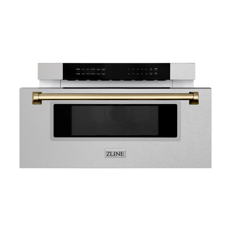ZLINE Autograph 30 In. 1.2 cu. ft. Built-In Microwave Drawer In Fingerprint Resistant Stainless Steel With Champagne Bronze Accents, MWDZ-30-SS-CB