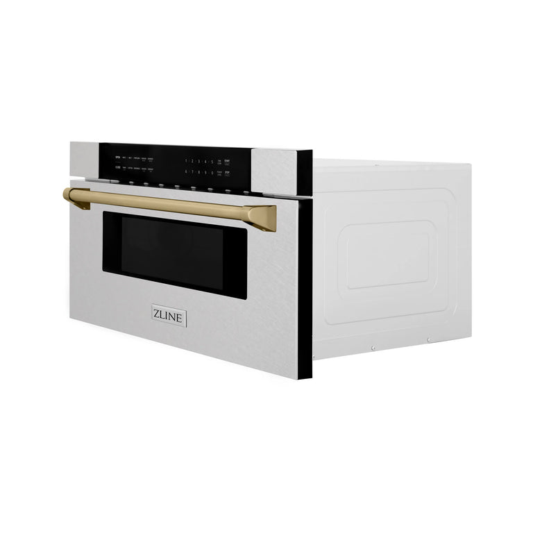 ZLINE Autograph 30 In. 1.2 cu. ft. Built-In Microwave Drawer In Fingerprint Resistant Stainless Steel With Champagne Bronze Accents, MWDZ-30-SS-CB