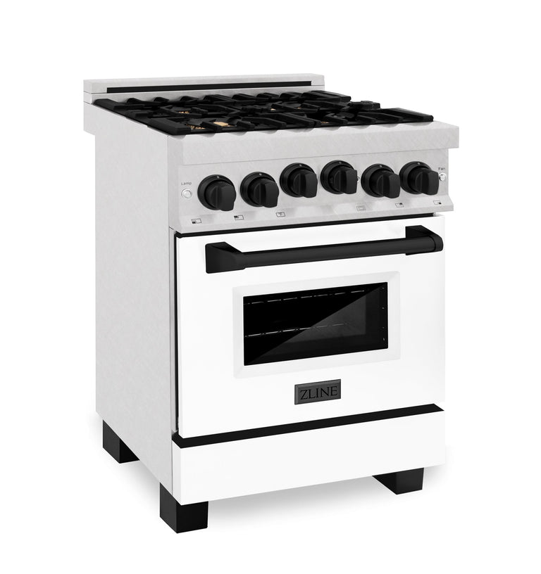 ZLINE Autograph Edition 24 in. Range with Gas Burner and Gas Oven in DuraSnow® Stainless Steel with White Matte Door and Matte Black Accents, RGSZ-WM-24-MB