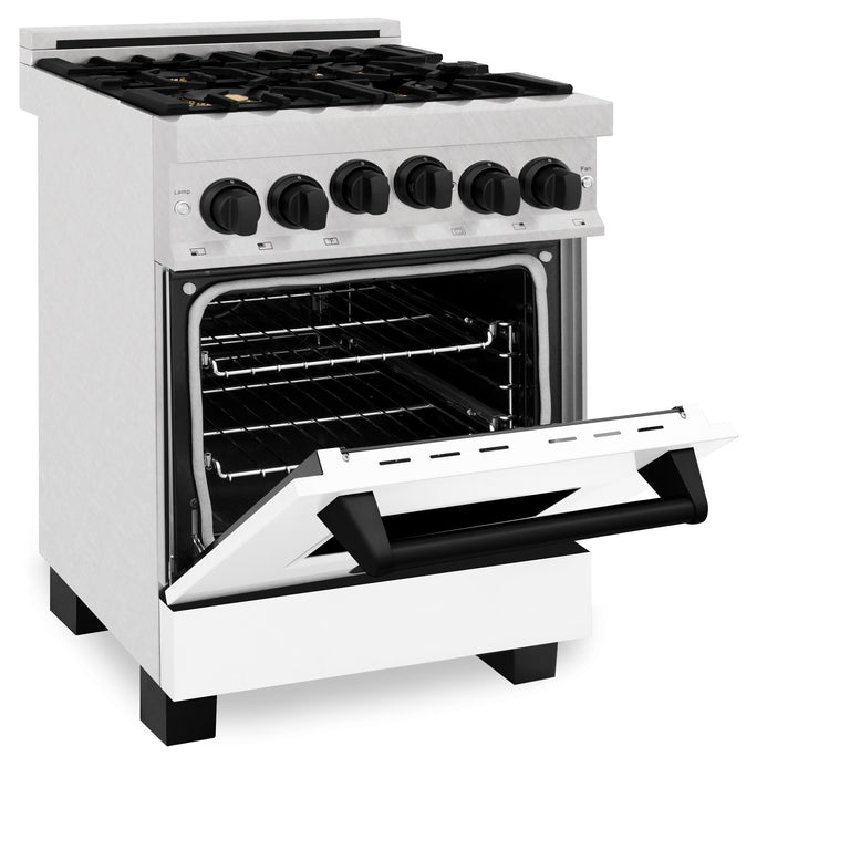 ZLINE Autograph Edition 24 in. Range with Gas Burner and Gas Oven in DuraSnow® Stainless Steel with White Matte Door and Matte Black Accents, RGSZ-WM-24-MB
