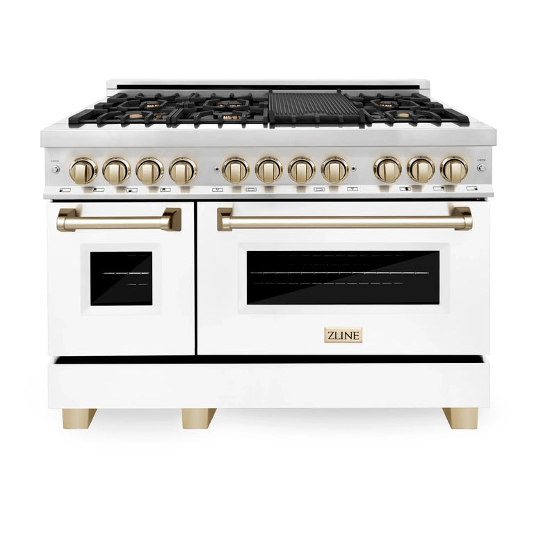 ZLINE Autograph Package - 48 In. Dual Fuel Range and Range Hood in Stainless Steel with White Matte Finish and Gold Accents, 2AKPR-RAWMRH48-G