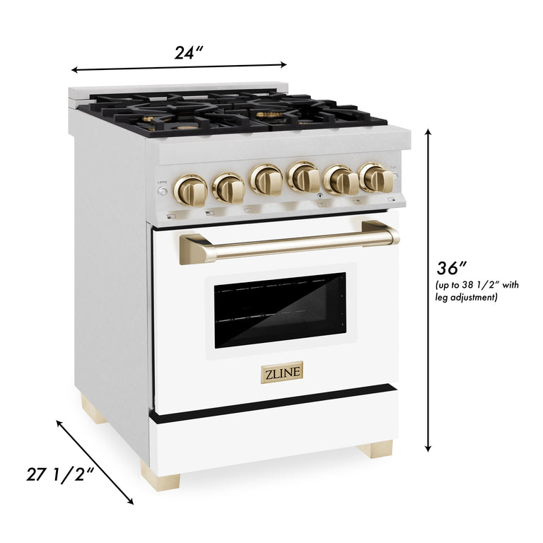 ZLINE Autograph Edition 24 in. Range with Gas Burner and Gas Oven in DuraSnow® Stainless Steel with White Matte Door and Gold Accents, RGSZ-WM-24-G