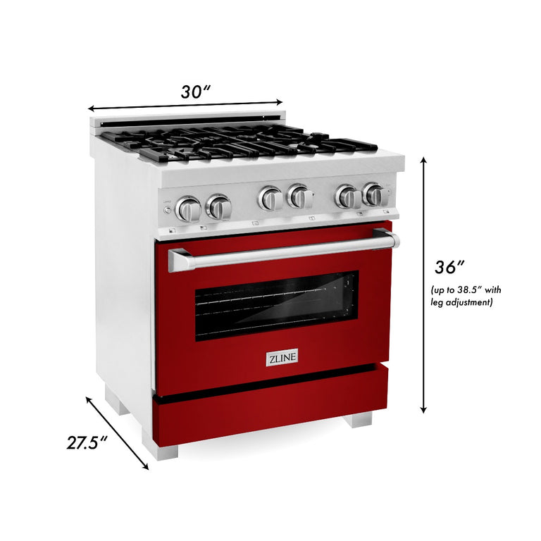 ZLINE 30 in. Professional Gas Range in DuraSnow® Stainless Steel with Red Gloss Door, RGS-RG-30