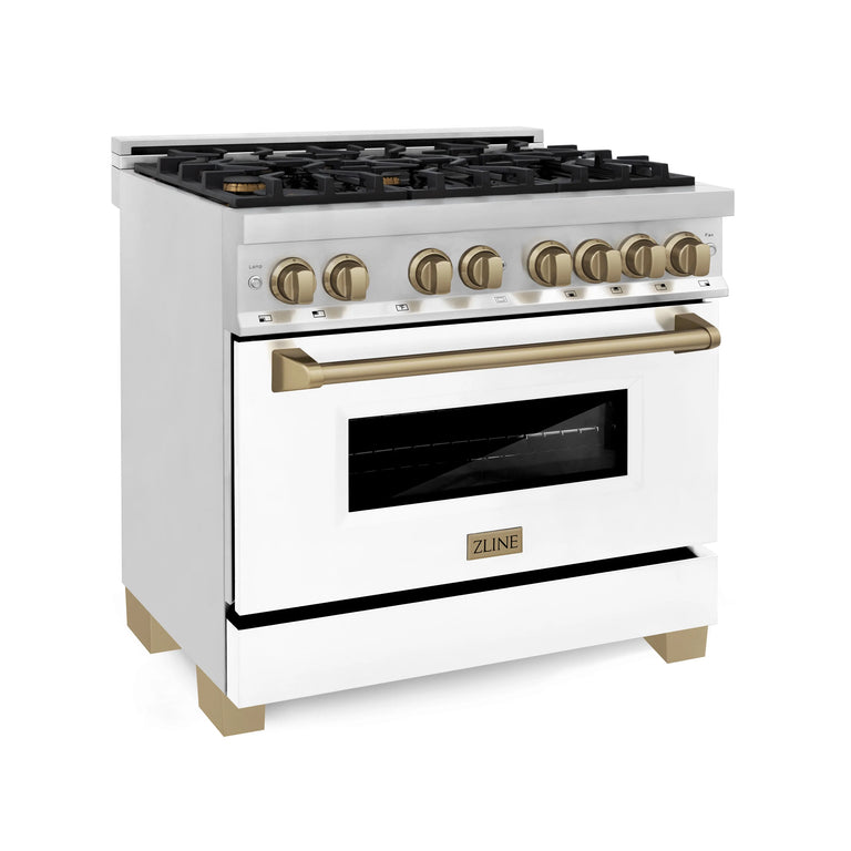 ZLINE Autograph Package - 36 In. Dual Fuel Range and Range Hood with White Matte Door and Bronze Accents, 2AKP-RAWMRH36-CB