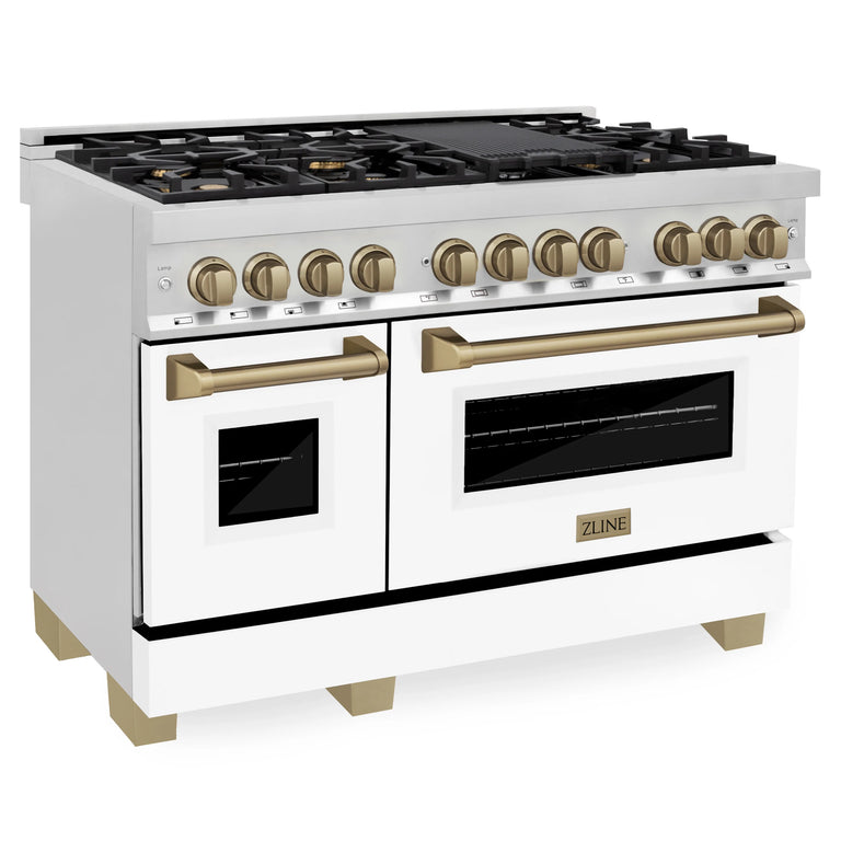 ZLINE Autograph 48 in. Range with Gas Burners, Electric Oven in Stainless Steel, White Matte Door with Champagne Bronze Accents, RAZ-WM-48-CB