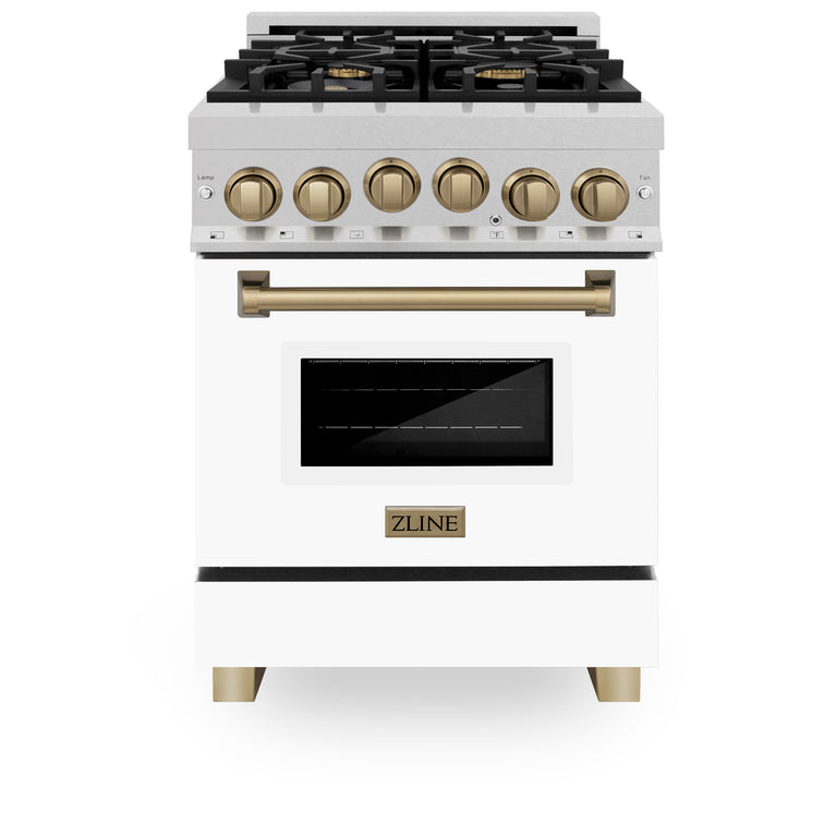 ZLINE Autograph Edition 24 in. Range with Gas Burner and Gas Oven in DuraSnow® Stainless Steel with White Matte Door and Gold Accents, RGSZ-WM-24-CB