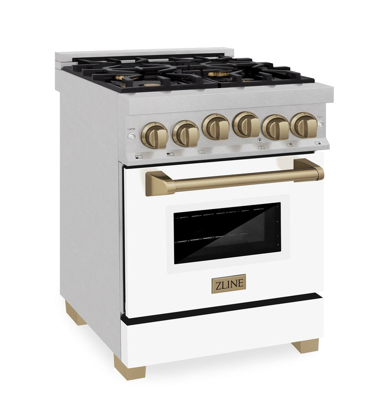 ZLINE Autograph Edition 24 in. Range with Gas Burner and Gas Oven in DuraSnow® Stainless Steel with White Matte Door and Gold Accents, RGSZ-WM-24-CB