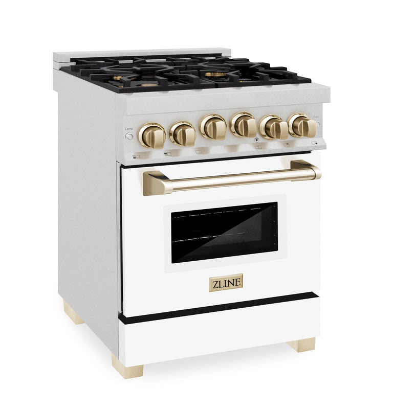 ZLINE Autograph Edition 24 in. Range with Gas Burner and Gas Oven in DuraSnow® Stainless Steel with White Matte Door and Gold Accents, RGSZ-WM-24-G