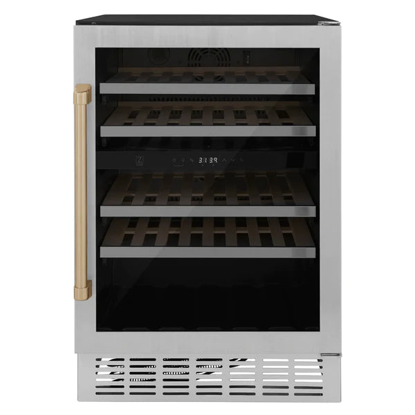 ZLINE 24" Autograph Dual Zone 44-Bottle Wine Cooler in Stainless Steel with Champagne Bronze Accents, RWVZ-UD-24-CB