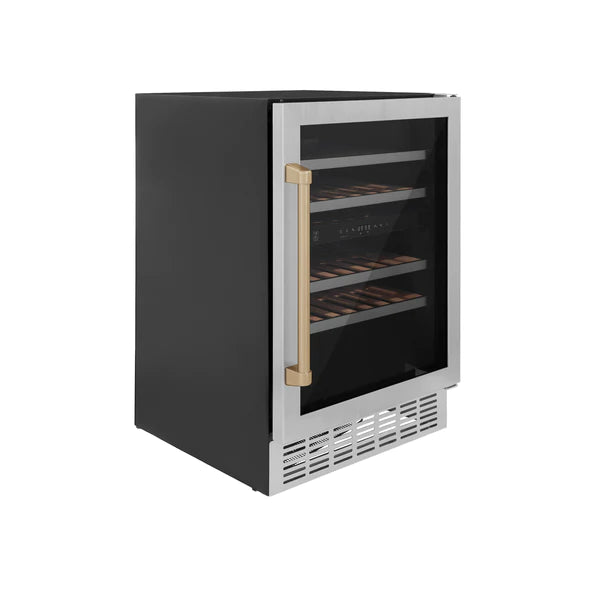 ZLINE 24" Autograph Dual Zone 44-Bottle Wine Cooler in Stainless Steel with Champagne Bronze Accents, RWVZ-UD-24-CB