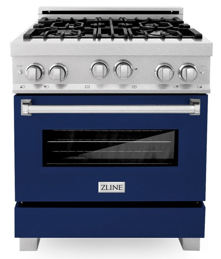 ZLINE 30" Professional Gas Range in DuraSnow® with Blue Gloss Door & 30" Range Hood Appliance Package, 2KP-RGSBGRH30