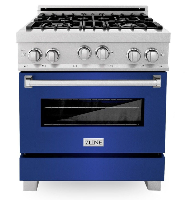 ZLINE 30" Professional Gas Range in DuraSnow® with Blue Matte Door & 30" Range Hood Appliance Package, 2KP-RGSBMRH30