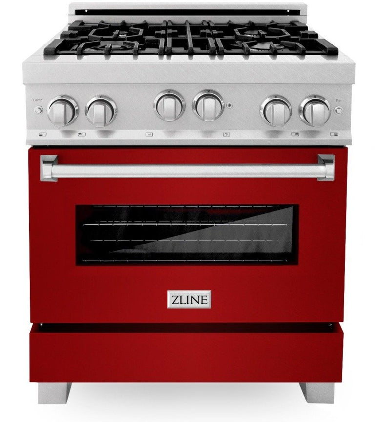 ZLINE 30" Professional Gas Range in DuraSnow® with Red Gloss Door & 30" Range Hood Appliance Package, 2KP-RGSRGRH30