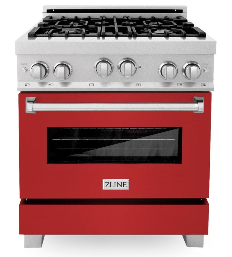 ZLINE 30" Professional Gas Range in DuraSnow® with Red Matte Door & 30" Range Hood Appliance Package, 2KP-RGSRMRH30