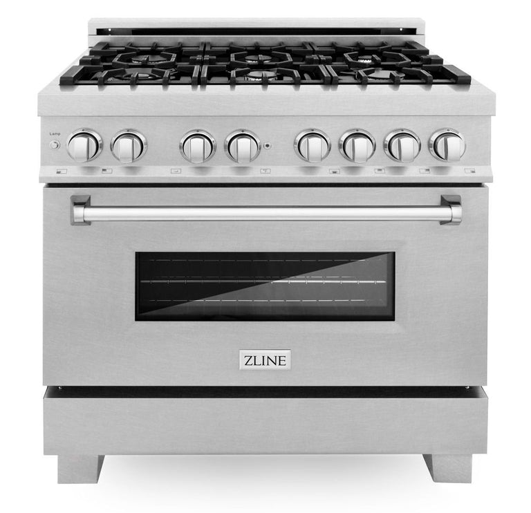 ZLINE 36 in. Kitchen Appliance Package with DuraSnow® Stainless Dual Fuel Range, Ducted Vent Range Hood and Tall Tub Dishwasher, 3KP-RASRH36-DWV