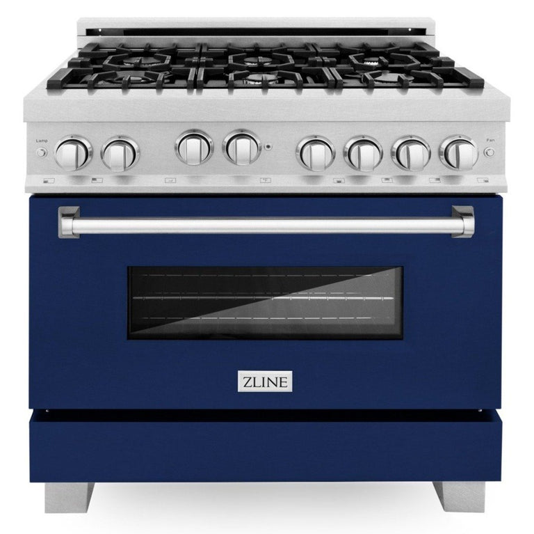 ZLINE 36" Professional Gas Range in DuraSnow® with Blue Gloss Matte Door & 36" Range Hood Appliance Package, 2KP-RGSBGRH36