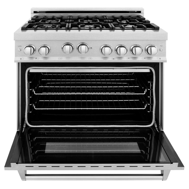 ZLINE 36 in. Kitchen Appliance Package with DuraSnow® Stainless Steel Gas Range, Ducted Range Hood and Dishwasher, 3KP-RGSRH36-DW