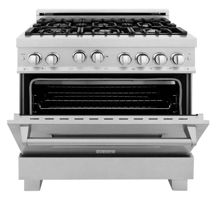 ZLINE 36 in. Kitchen Appliance Package with DuraSnow® Stainless Steel Gas Range, Ducted Range Hood and Dishwasher, 3KP-RGSRH36-DW