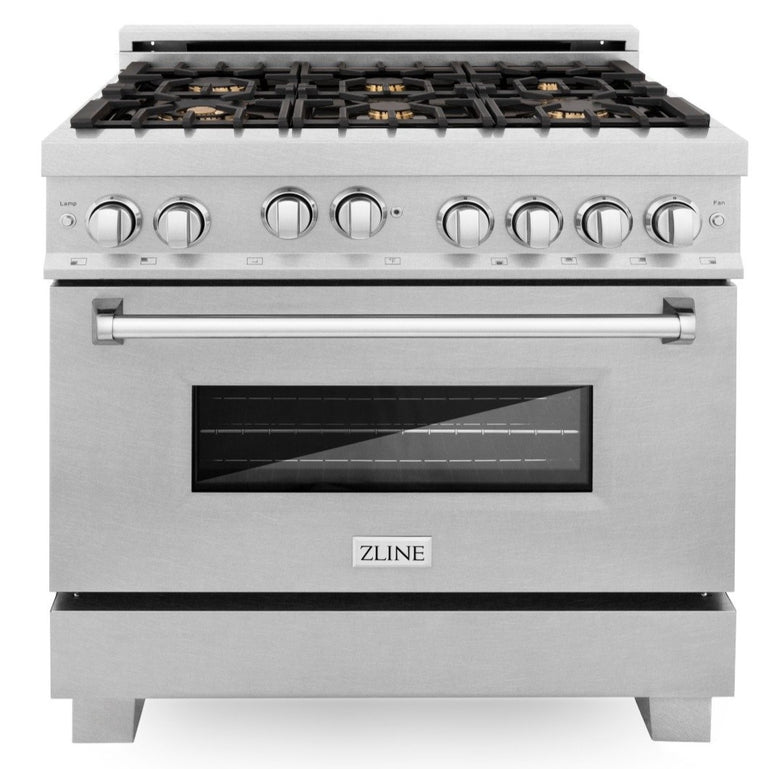 ZLINE 36 in. Professional Gas Burner/Gas Oven in DuraSnow® Stainless with Brass Burners, RGS-SN-BR-36