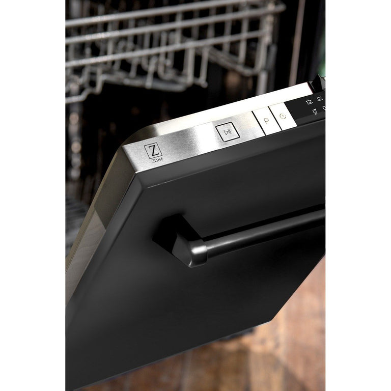 ZLINE Package - 36" Dual Fuel Range, Range Hood, Microwave, Dishwasher in Black Stainless