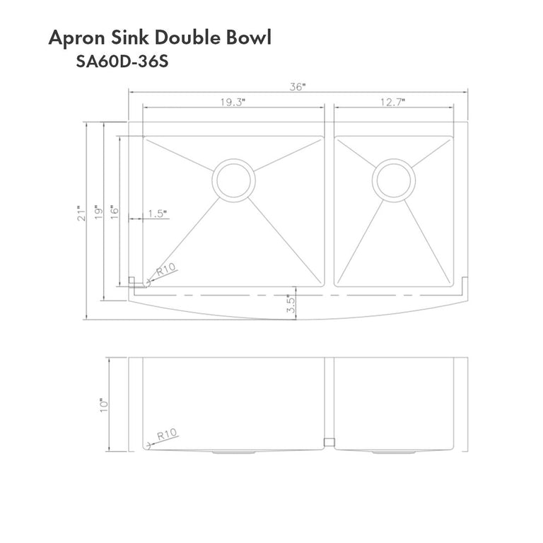 ZLINE 36 in. Courchevel Farmhouse Apron Mount Double Bowl DuraSnow® Stainless Steel Kitchen Sink with Bottom Grid, SA60D-36S