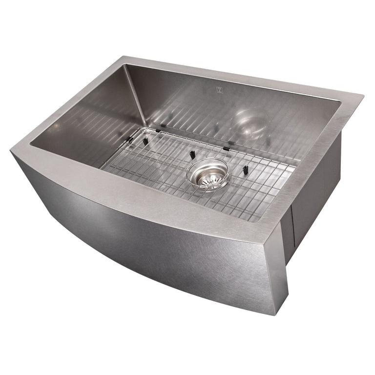 ZLINE 30" Zermatt Farmhouse Apron Mount Single Bowl DuraSnow® Stainless Steel Kitchen Sink with Bottom Grid, SAS-30S