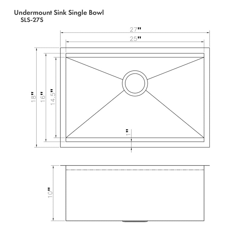 ZLINE 27 in. Garmisch Undermount Single Bowl DuraSnow® Stainless Steel Kitchen Sink with Bottom Grid and Accessories, SLS-27S