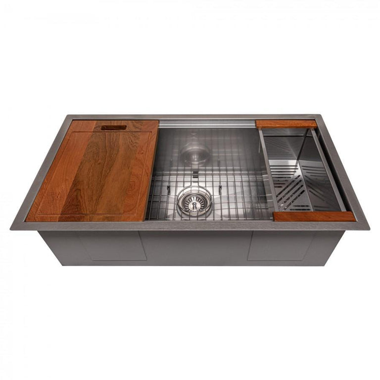 ZLINE 33 in. Garmisch Undermount Single Bowl DuraSnow® Stainless Steel Kitchen Sink with Bottom Grid and Accessories, SLS-33S