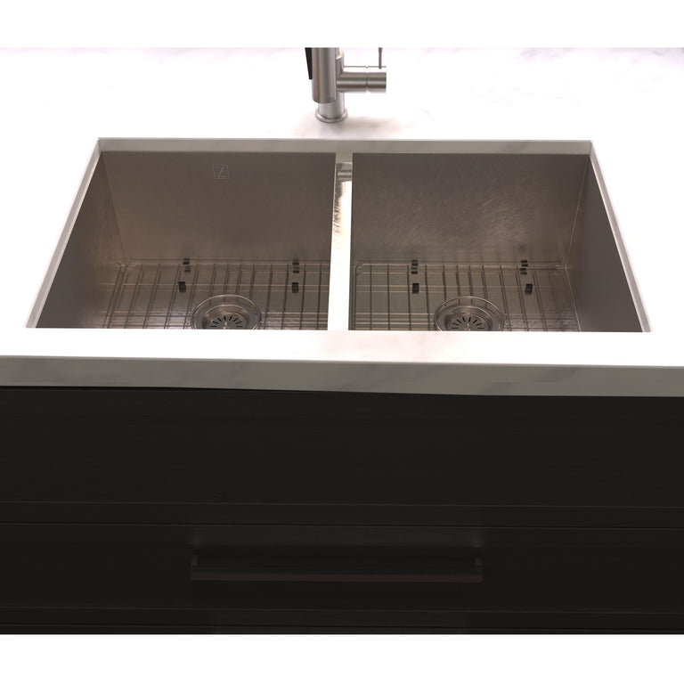 ZLINE 36 in. Anton Undermount Double Bowl DuraSnow® Stainless Steel Kitchen Sink with Bottom Grid, SR50D-36S