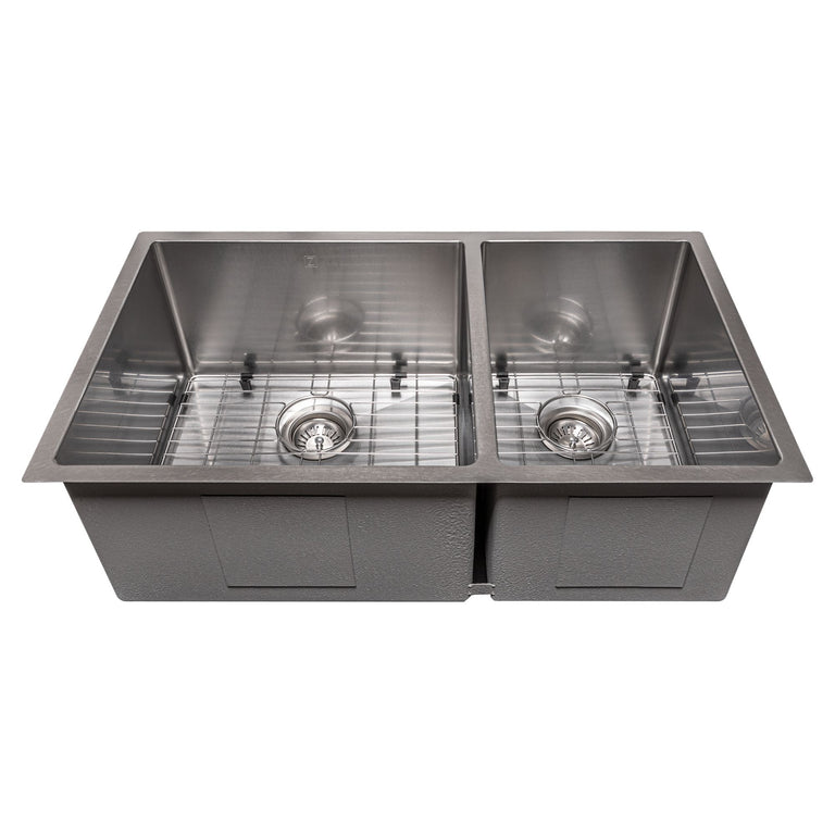 ZLINE 33 in. Chamonix Undermount Double Bowl DuraSnow® Stainless Steel Kitchen Sink with Bottom Grid, SR60D-33S