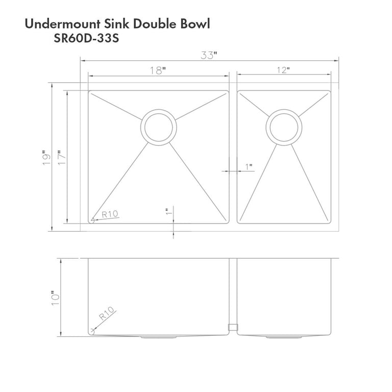 ZLINE 33 in. Chamonix Undermount Double Bowl DuraSnow® Stainless Steel Kitchen Sink with Bottom Grid, SR60D-33S